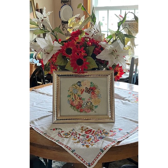 Vintage Handmade Butterfly Wreath Cross Stitch Gold Framed Wall/Stand Decor - Picture 7 of 9